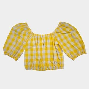 Color Me Courtney Kris Gingham Puff Sleeve Crop Top Yellow XS Cottagecore Picnic